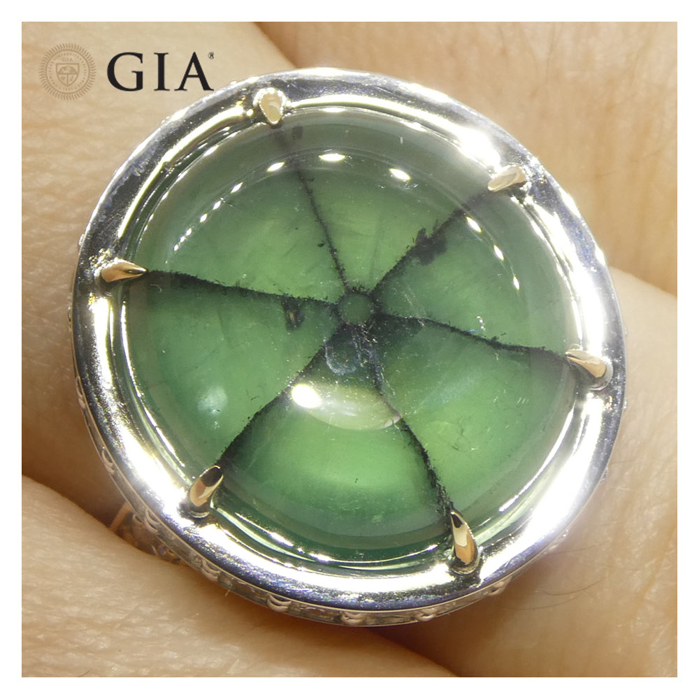16.51ct Trapiche Green Emerald (F1), Diamond Statement Ring set in 18k White/Yellow Gold, GIA Certified Colombia - Skyjems Wholesale Gemstones