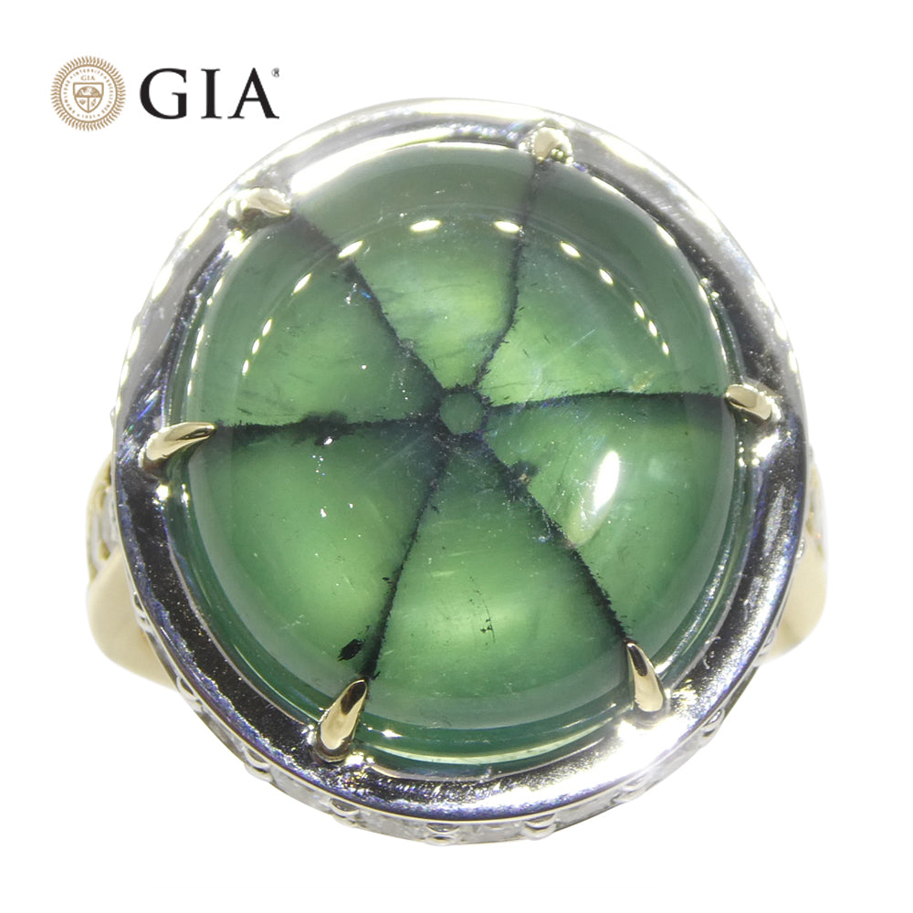 16.51ct Trapiche Green Emerald (F1), Diamond Statement Ring set in 18k White/Yellow Gold, GIA Certified Colombia - Skyjems Wholesale Gemstones