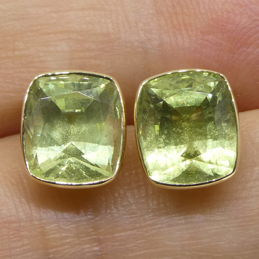 5.37ct Pair Cushion Green Merelani Mint Tsavorite Garnet Stud Earrings set in 14k Yellow Gold