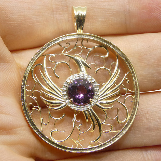 1.33ct Round Purple Spinel Phoenix Pendant set in 14k Yellow Gold, designed by Elie Aoun