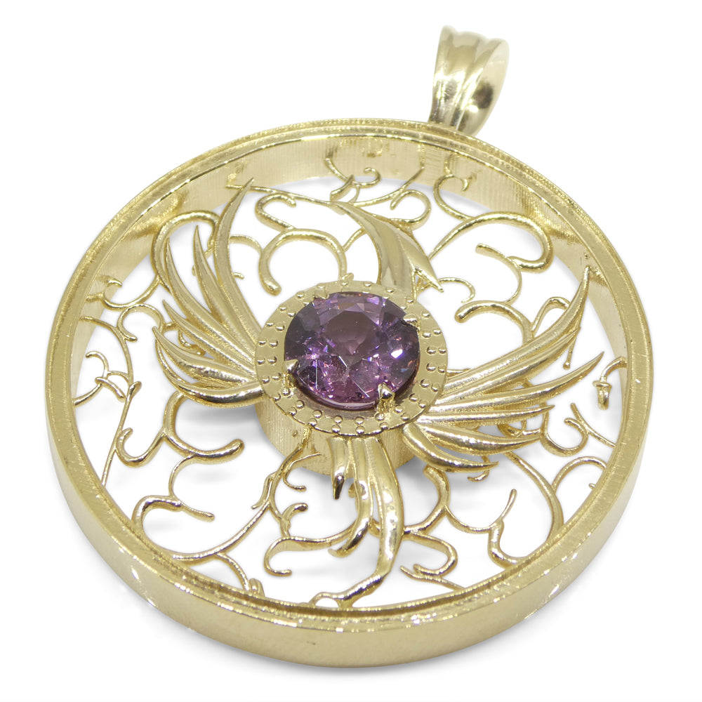 1.33ct Round Purple Spinel Phoenix Pendant set in 14k Yellow Gold, designed by Elie Aoun