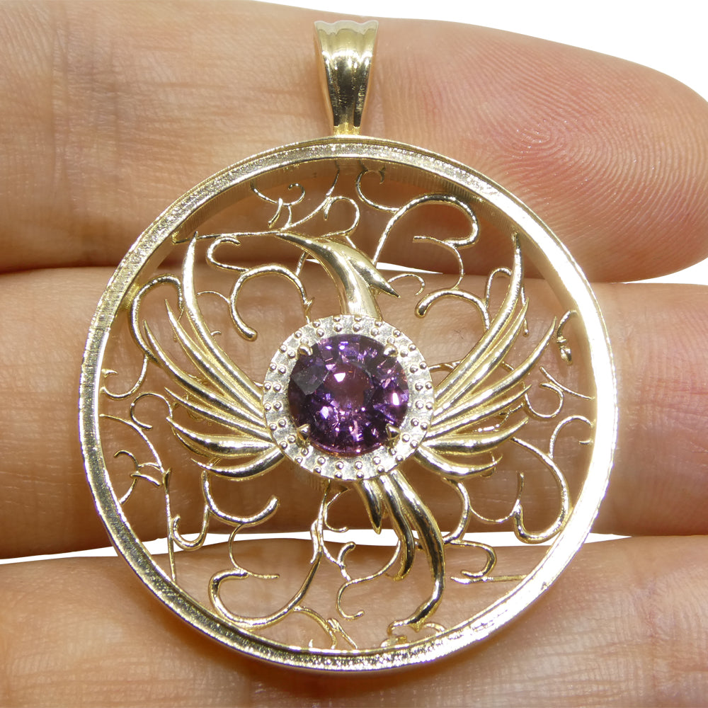 1.33ct Round Purple Spinel Phoenix Pendant set in 14k Yellow Gold, designed by Elie Aoun - Skyjems Wholesale Gemstones