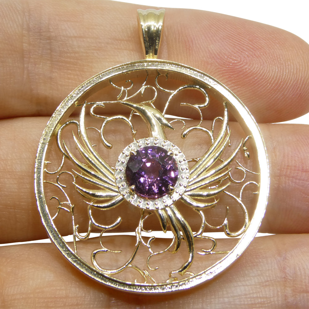 1.33ct Round Purple Spinel Phoenix Pendant set in 14k Yellow Gold, designed by Elie Aoun