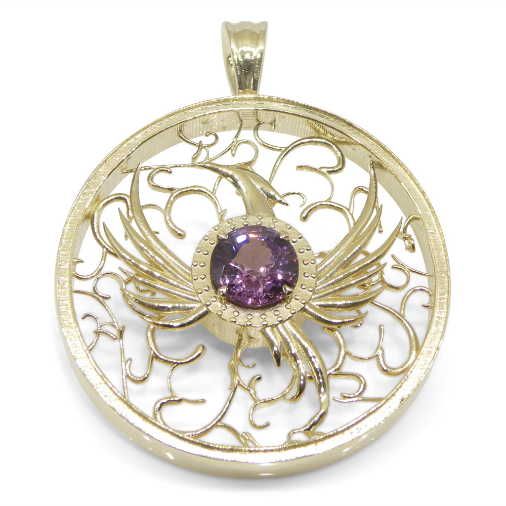 1.33ct Round Purple Spinel Phoenix Pendant set in 14k Yellow Gold, designed by Elie Aoun