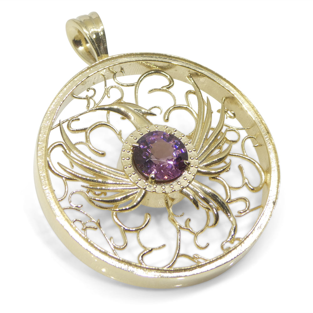 1.33ct Round Purple Spinel Phoenix Pendant set in 14k Yellow Gold, designed by Elie Aoun