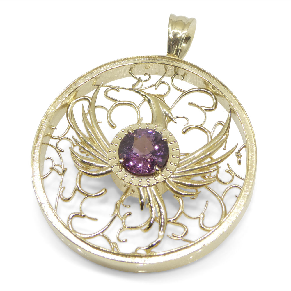 1.33ct Round Purple Spinel Phoenix Pendant set in 14k Yellow Gold, designed by Elie Aoun