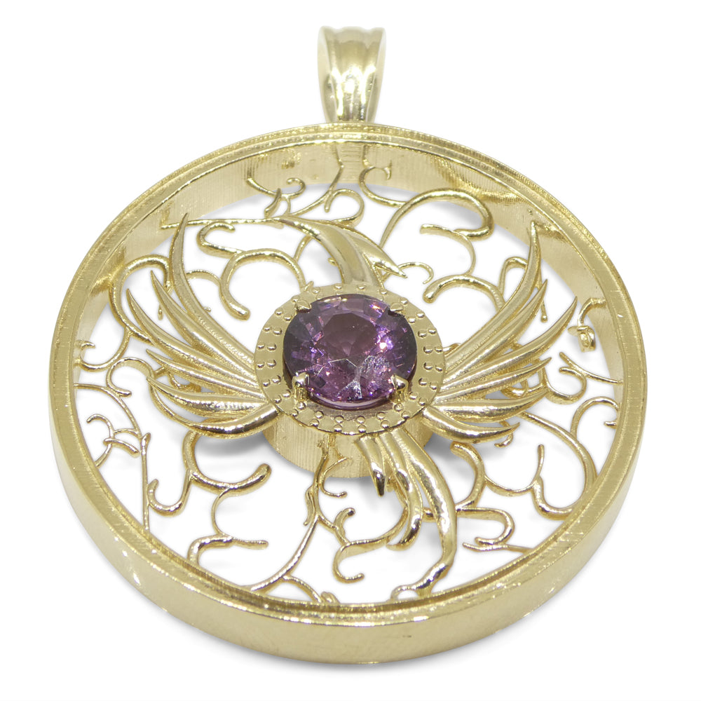 1.33ct Round Purple Spinel Phoenix Pendant set in 14k Yellow Gold, designed by Elie Aoun