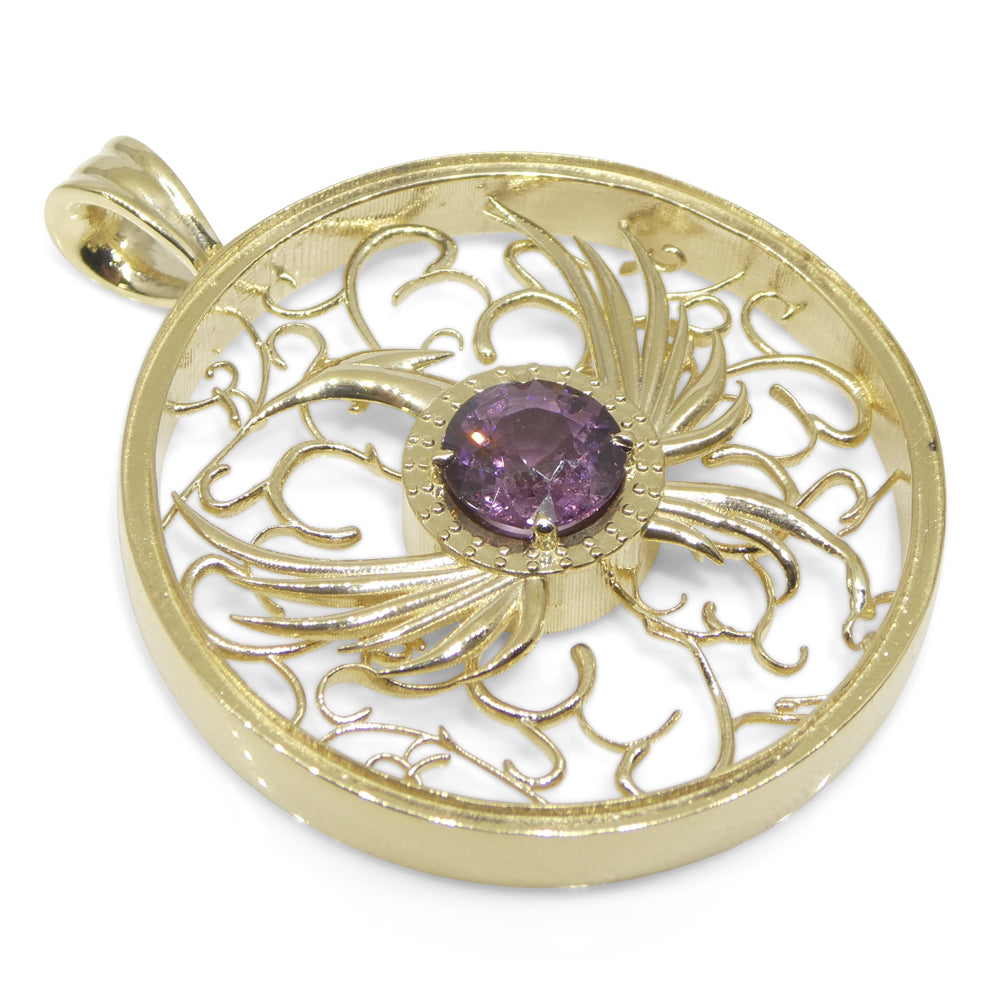 1.33ct Round Purple Spinel Phoenix Pendant set in 14k Yellow Gold, designed by Elie Aoun