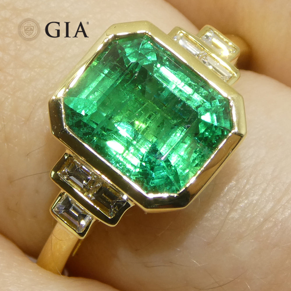 2.49ct Green Emerald, Diamond Ring set in 18k Yellow Gold, GIA Certified Zambian - Skyjems Wholesale Gemstones