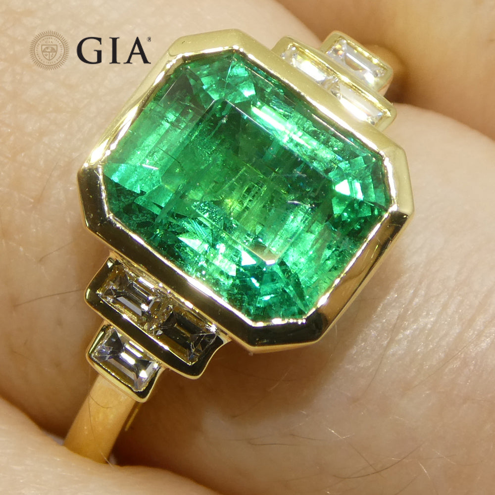 2.49ct Green Emerald, Diamond Ring set in 18k Yellow Gold, GIA Certified Zambian - Skyjems Wholesale Gemstones