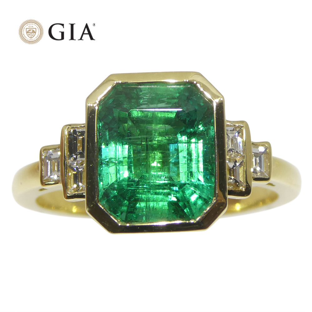 2.49ct Green Emerald, Diamond Ring set in 18k Yellow Gold, GIA Certified Zambian - Skyjems Wholesale Gemstones