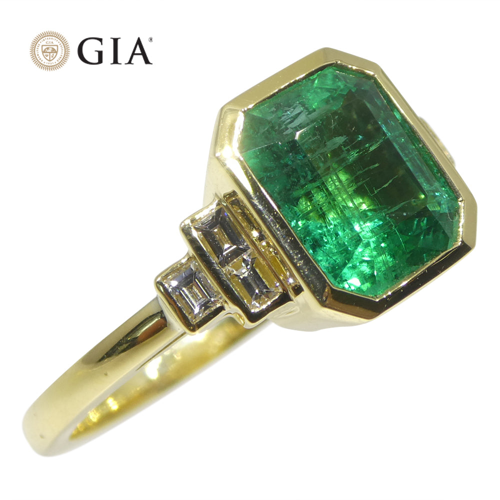 2.49ct Green Emerald, Diamond Ring set in 18k Yellow Gold, GIA Certified Zambian - Skyjems Wholesale Gemstones