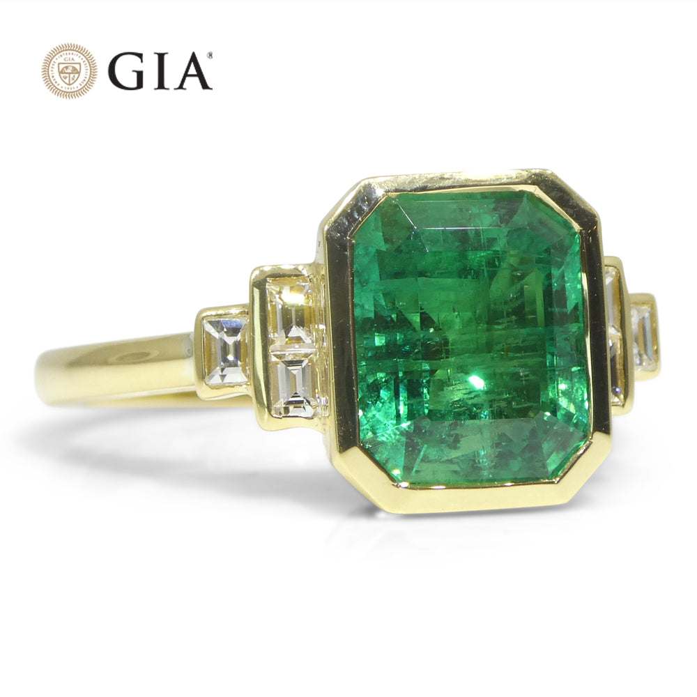 2.49ct Green Emerald, Diamond Ring set in 18k Yellow Gold, GIA Certified Zambian - Skyjems Wholesale Gemstones