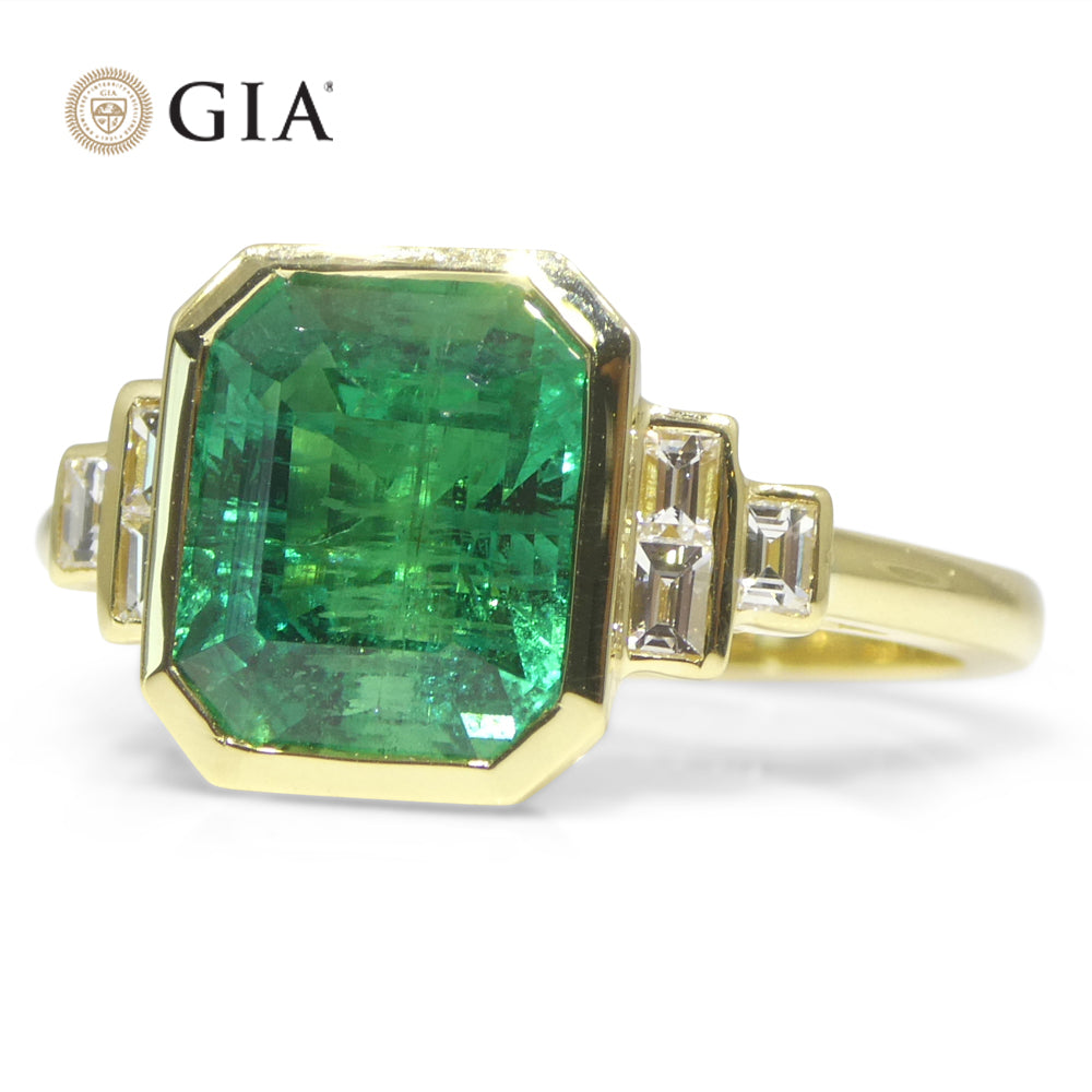 2.49ct Green Emerald, Diamond Ring set in 18k Yellow Gold, GIA Certified Zambian - Skyjems Wholesale Gemstones