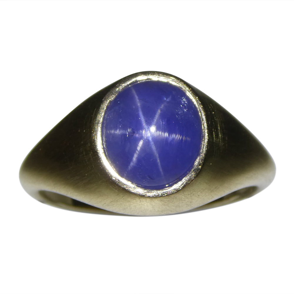 5.30ct Blue Star Sapphire Signet Ring set in 14k Yellow Gold - Skyjems Wholesale Gemstones