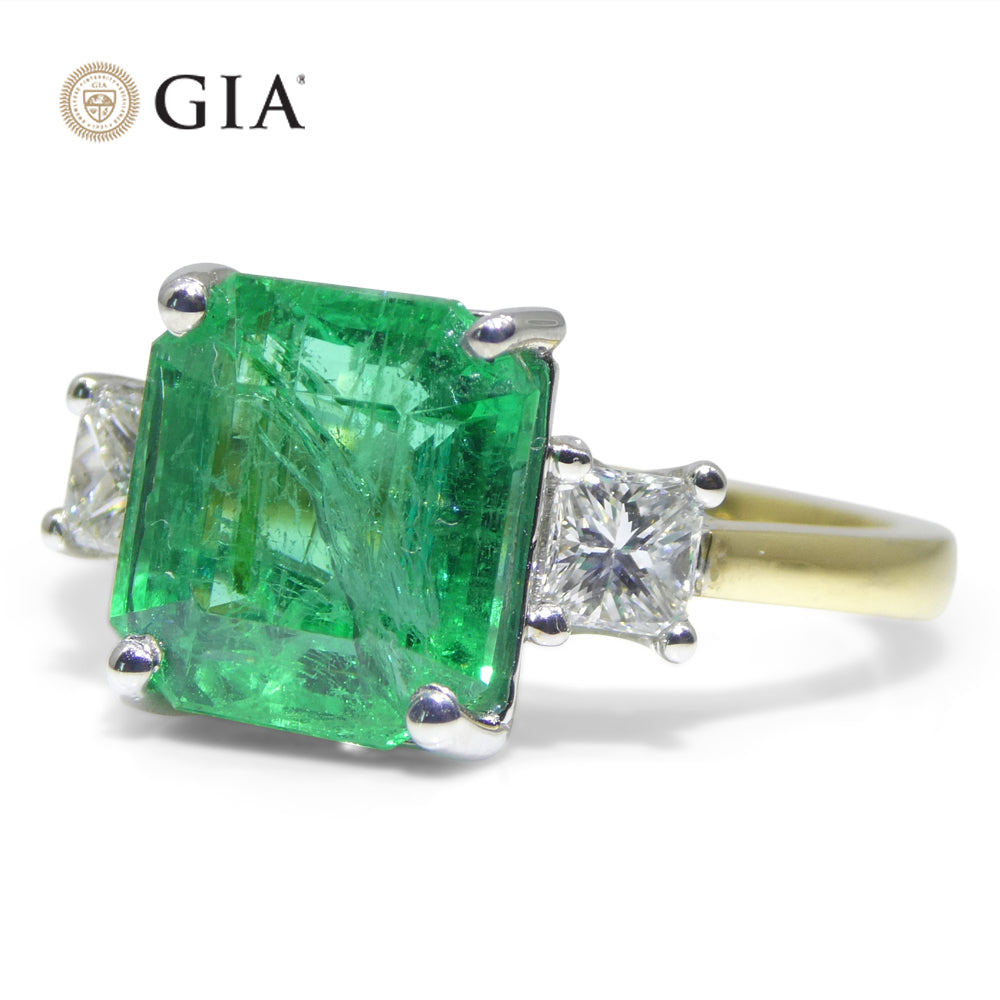 3.64ct Green Emerald, Diamond Ring set in 18k White and Yellow Gold, GIA Certified Zambian - Skyjems Wholesale Gemstones