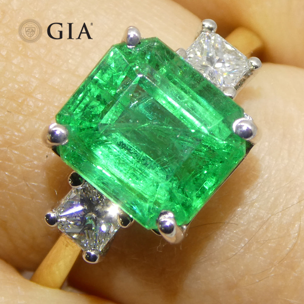 3.64ct Green Emerald, Diamond Ring set in 18k White and Yellow Gold, GIA Certified Zambian - Skyjems Wholesale Gemstones