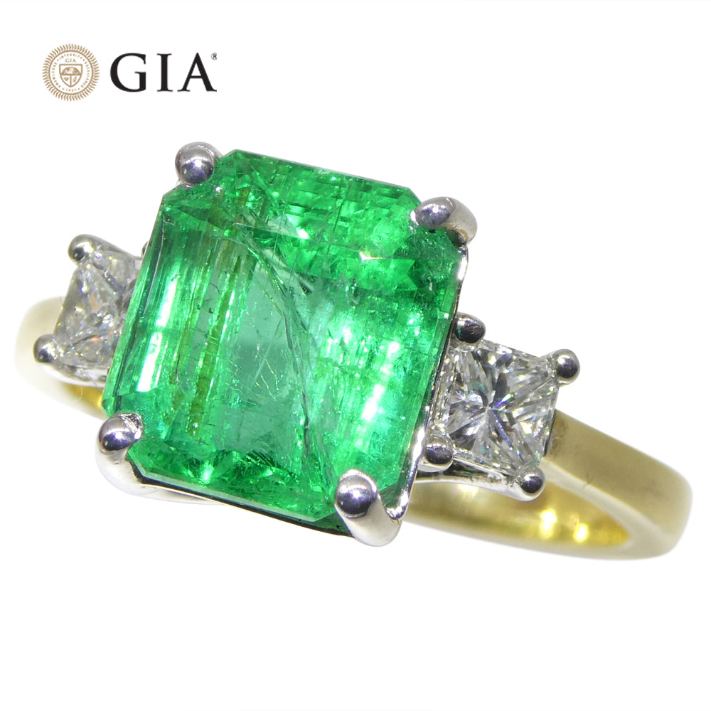 3.64ct Green Emerald, Diamond Ring set in 18k White and Yellow Gold, GIA Certified Zambian - Skyjems Wholesale Gemstones