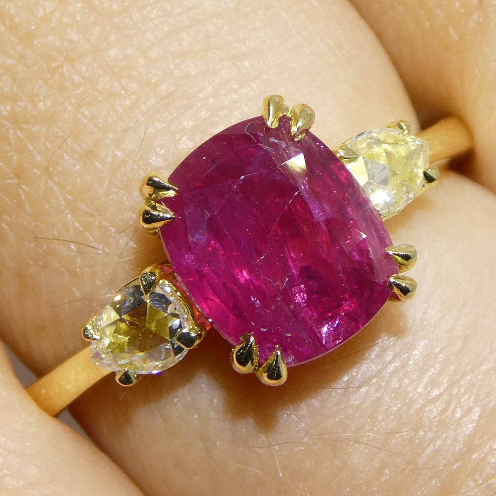 3.01ct Cushion Red Ruby, Rose Cut Diamond Engagement Ring set in 18k Yellow Gold, GIA Certified Unheated - Skyjems Wholesale Gemstones