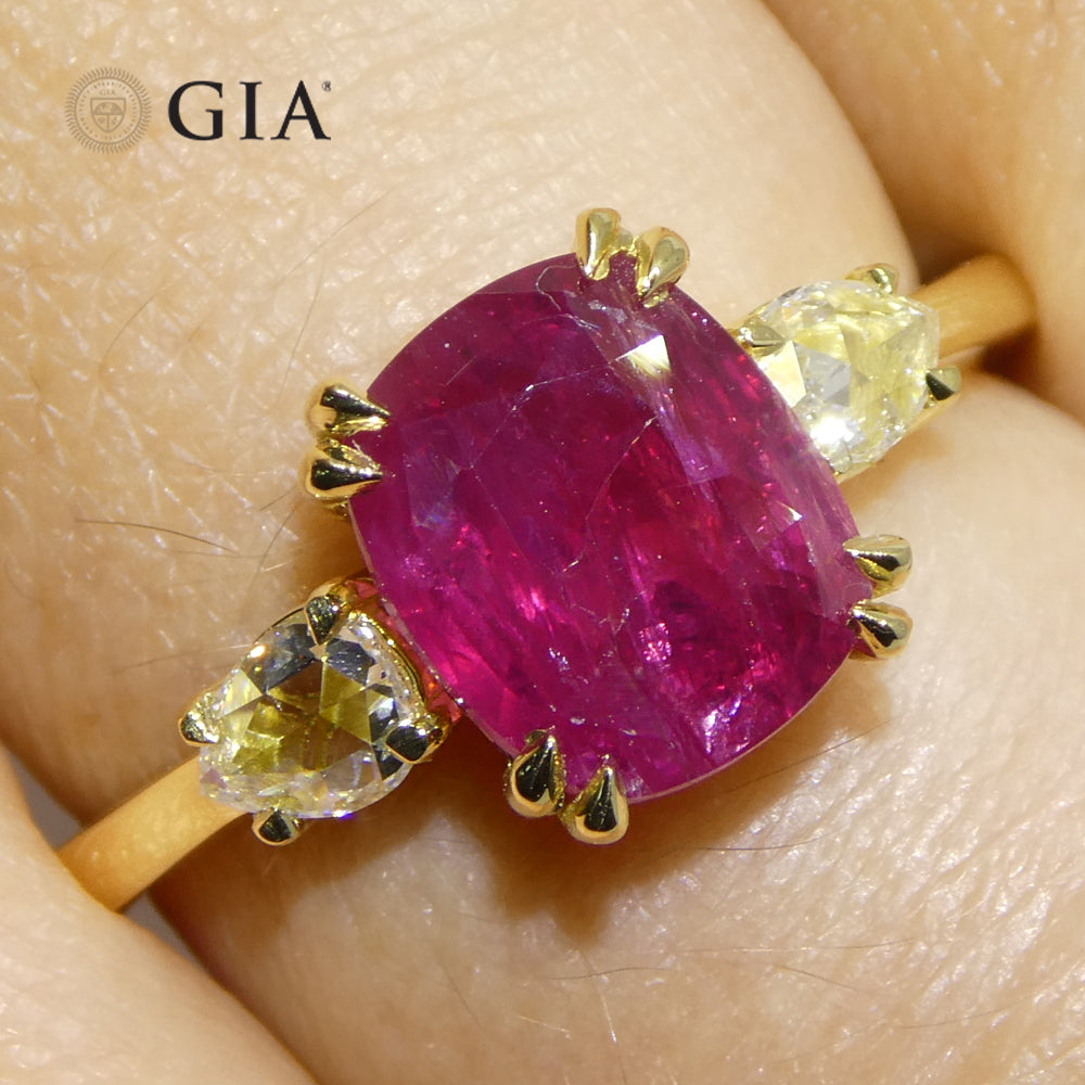 3.01ct Cushion Red Ruby, Rose Cut Diamond Engagement Ring set in 18k Yellow Gold, GIA Certified Unheated - Skyjems Wholesale Gemstones