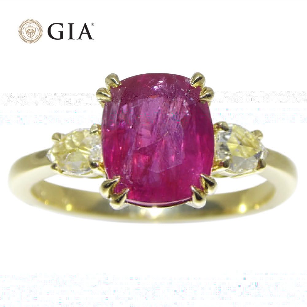 3.01ct Cushion Red Ruby, Rose Cut Diamond Engagement Ring set in 18k Yellow Gold, GIA Certified Unheated - Skyjems Wholesale Gemstones