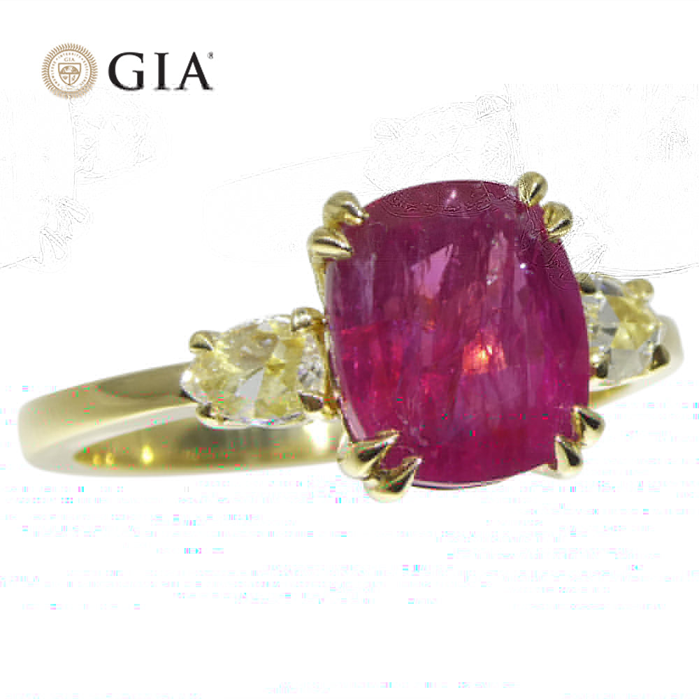 3.01ct Cushion Red Ruby, Rose Cut Diamond Engagement Ring set in 18k Yellow Gold, GIA Certified Unheated - Skyjems Wholesale Gemstones