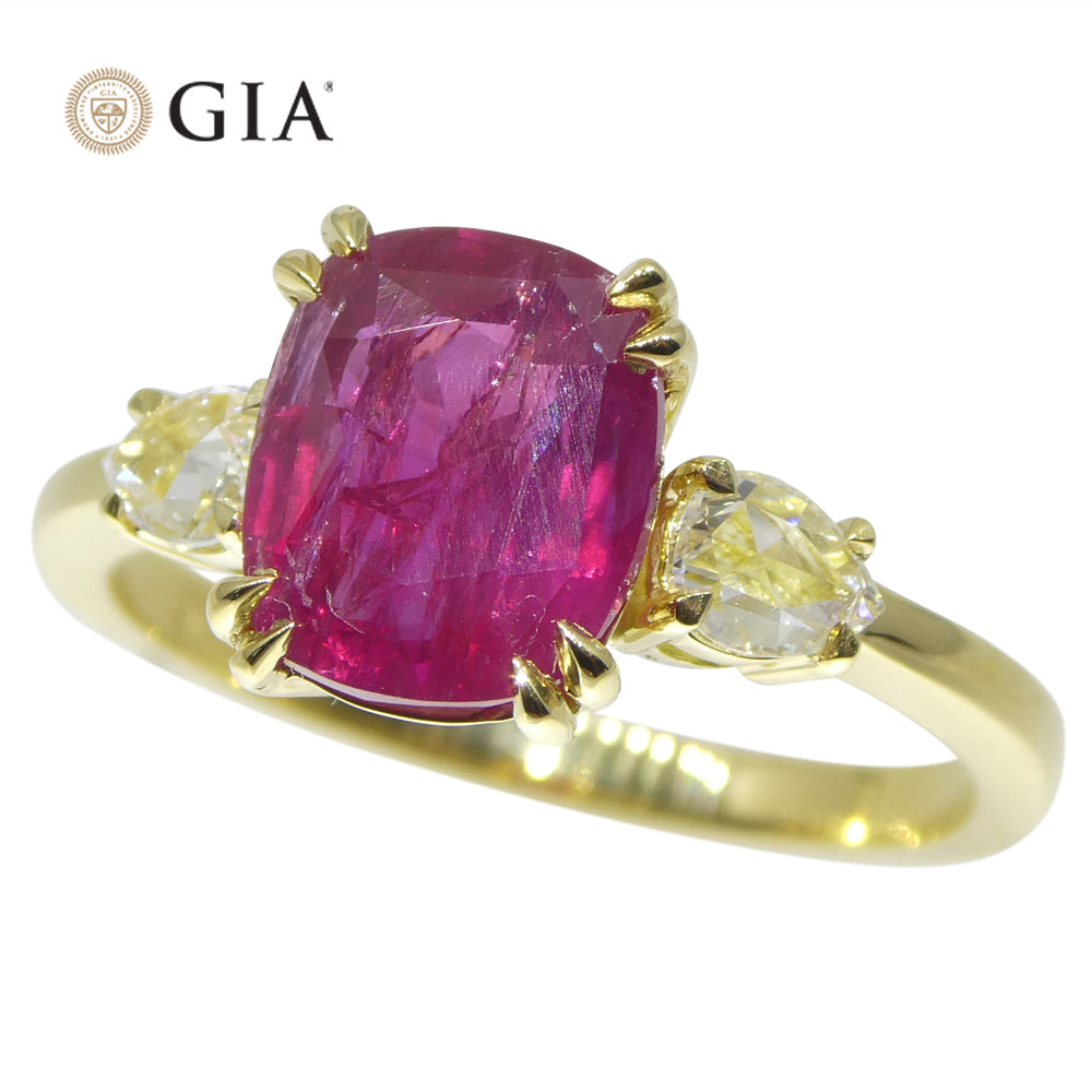 3.01ct Cushion Red Ruby, Rose Cut Diamond Engagement Ring set in 18k Yellow Gold, GIA Certified Unheated - Skyjems Wholesale Gemstones