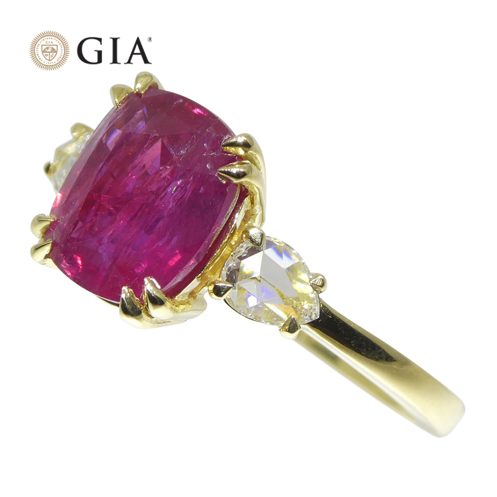 3.01ct Cushion Red Ruby, Rose Cut Diamond Engagement Ring set in 18k Yellow Gold, GIA Certified Unheated - Skyjems Wholesale Gemstones