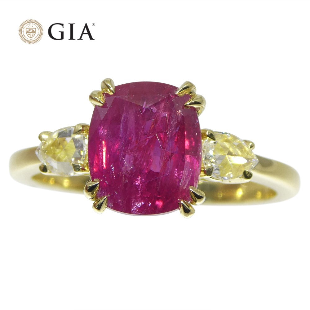 3.01ct Cushion Red Ruby, Rose Cut Diamond Engagement Ring set in 18k Yellow Gold, GIA Certified Unheated - Skyjems Wholesale Gemstones