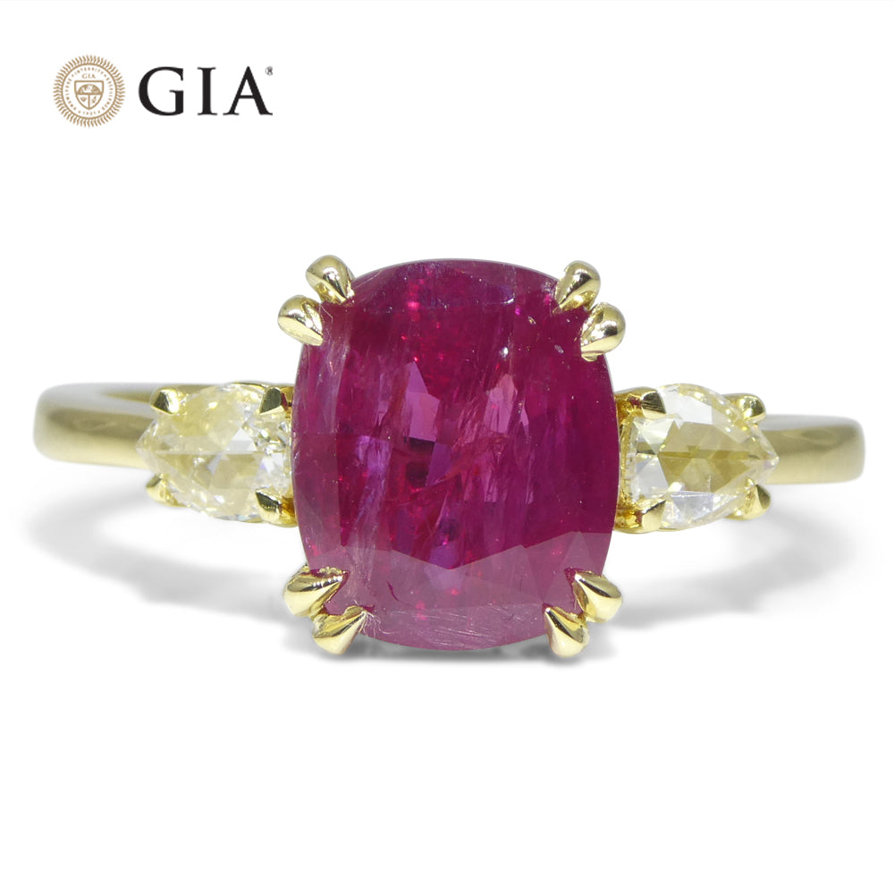 3.01ct Cushion Red Ruby, Rose Cut Diamond Engagement Ring set in 18k Yellow Gold, GIA Certified Unheated - Skyjems Wholesale Gemstones