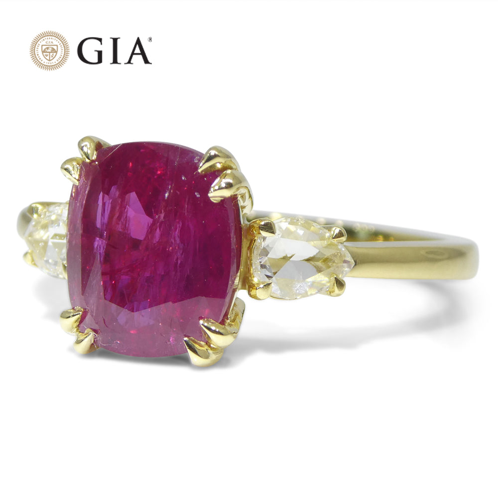 3.01ct Cushion Red Ruby, Rose Cut Diamond Engagement Ring set in 18k Yellow Gold, GIA Certified Unheated - Skyjems Wholesale Gemstones