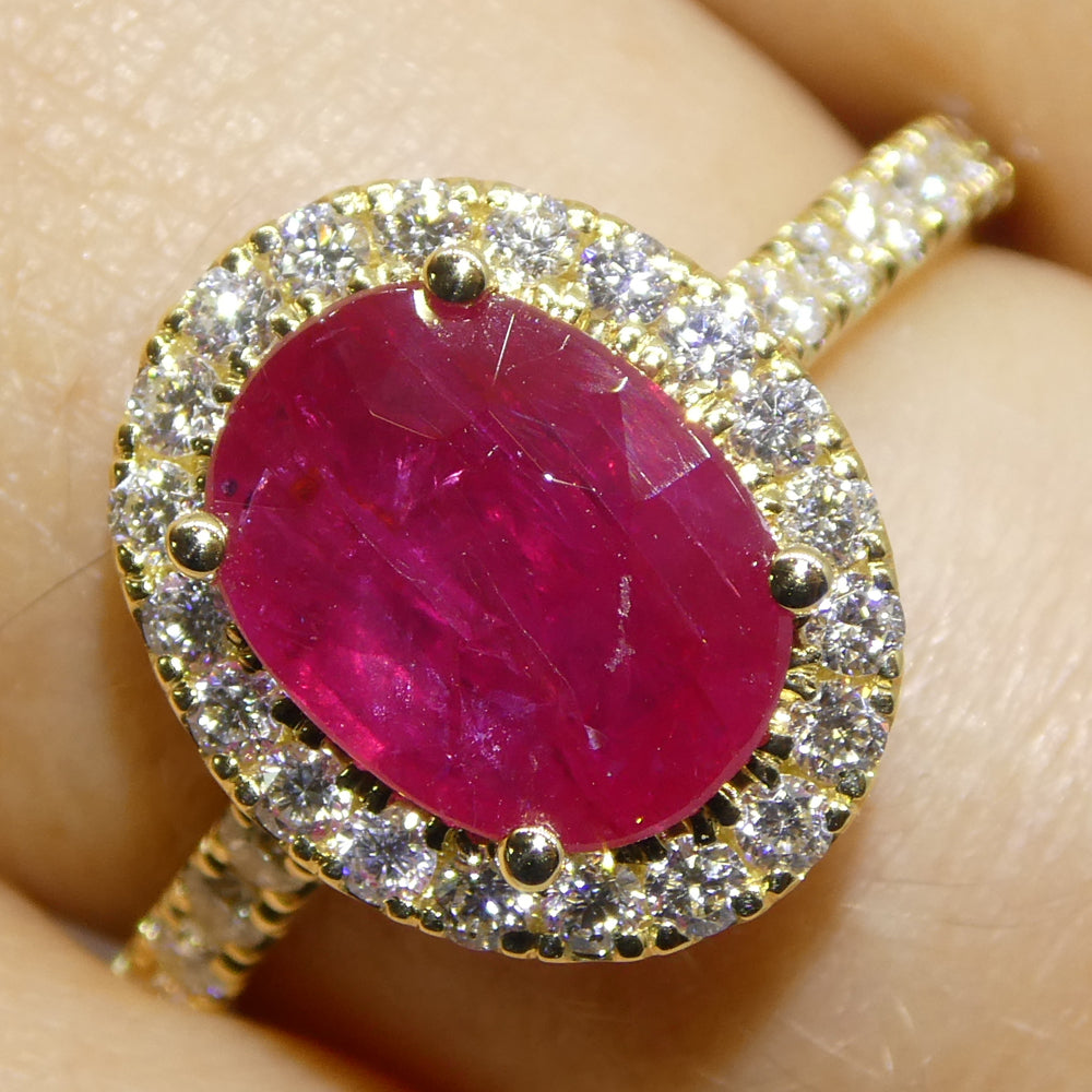 2.18ct Oval Red Ruby, Diamond Halo Engagement Ring set in 18k Yellow Gold, GIA Certified Mozambique - Skyjems Wholesale Gemstones