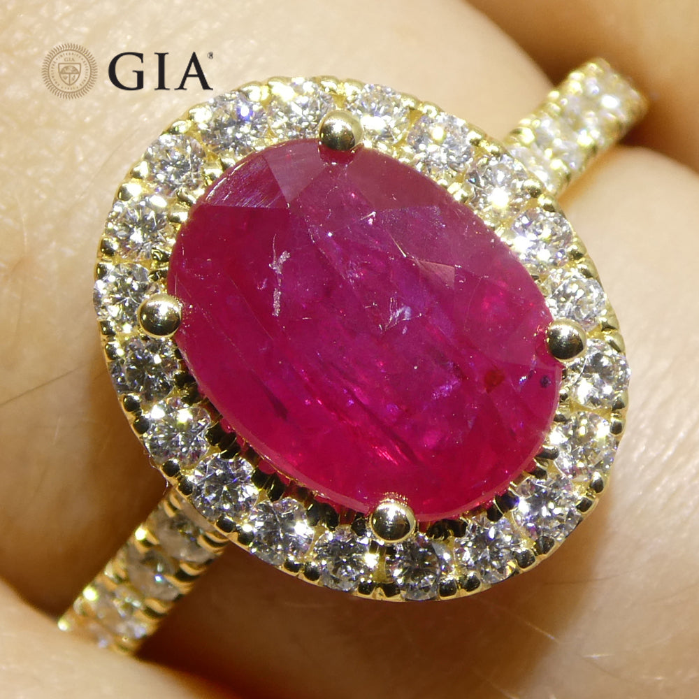 2.18ct Oval Red Ruby, Diamond Halo Engagement Ring set in 18k Yellow Gold, GIA Certified Mozambique - Skyjems Wholesale Gemstones