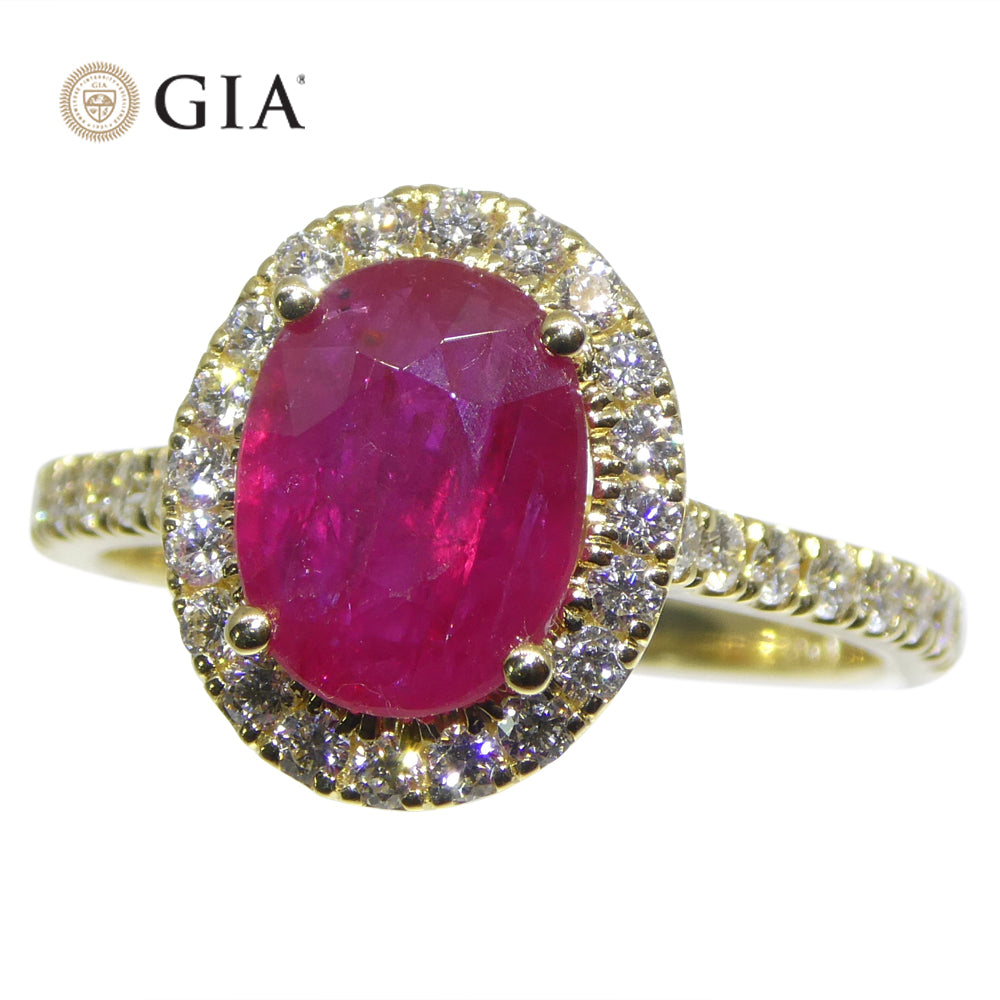 2.18ct Oval Red Ruby, Diamond Halo Engagement Ring set in 18k Yellow Gold, GIA Certified Mozambique - Skyjems Wholesale Gemstones