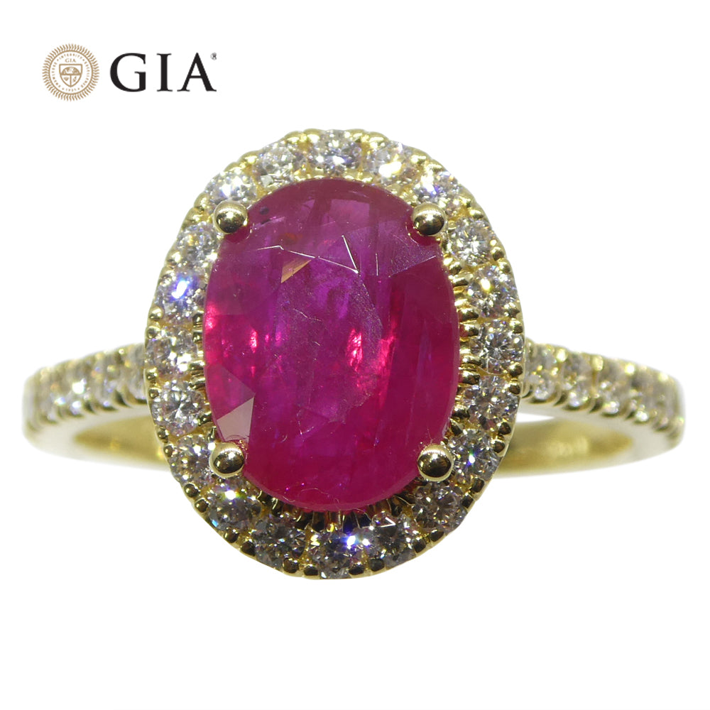 2.18ct Oval Red Ruby, Diamond Halo Engagement Ring set in 18k Yellow Gold, GIA Certified Mozambique - Skyjems Wholesale Gemstones