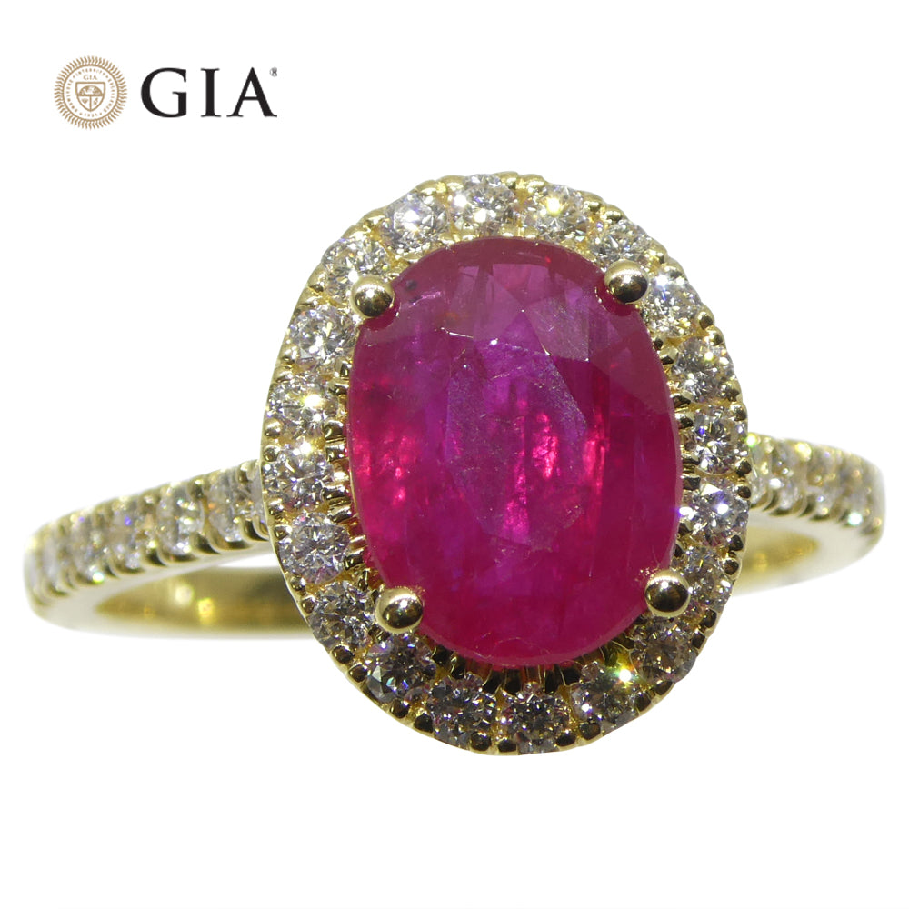 2.18ct Oval Red Ruby, Diamond Halo Engagement Ring set in 18k Yellow Gold, GIA Certified Mozambique - Skyjems Wholesale Gemstones
