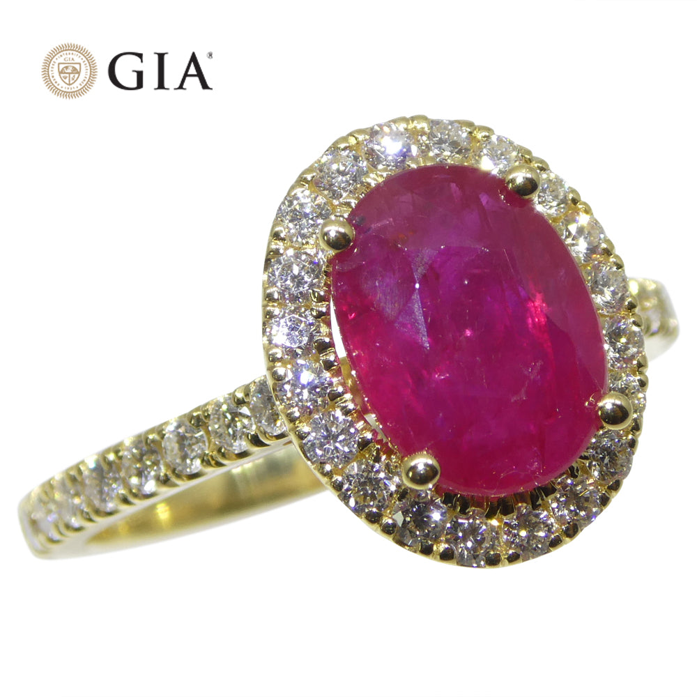 2.18ct Oval Red Ruby, Diamond Halo Engagement Ring set in 18k Yellow Gold, GIA Certified Mozambique - Skyjems Wholesale Gemstones