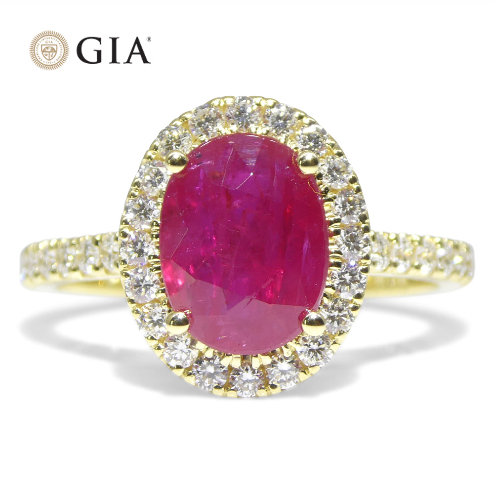 2.18ct Oval Red Ruby, Diamond Halo Engagement Ring set in 18k Yellow Gold, GIA Certified Mozambique - Skyjems Wholesale Gemstones