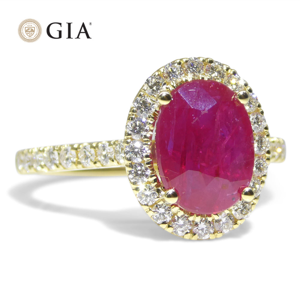 2.18ct Oval Red Ruby, Diamond Halo Engagement Ring set in 18k Yellow Gold, GIA Certified Mozambique - Skyjems Wholesale Gemstones