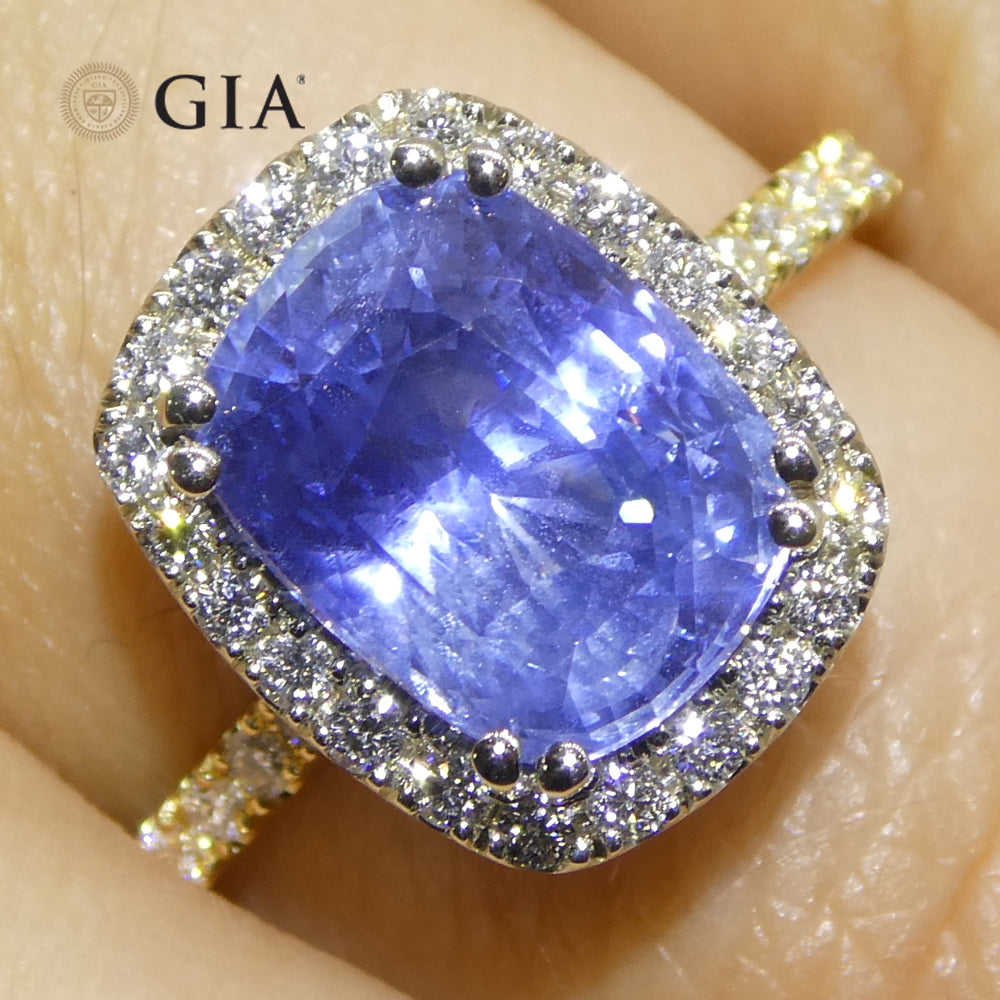4.35ct Cushion Blue Sapphire, Diamond Ring set in 18k White and Yellow Gold, GIA Certified Unheated, Sri Lanka - Skyjems Wholesale Gemstones