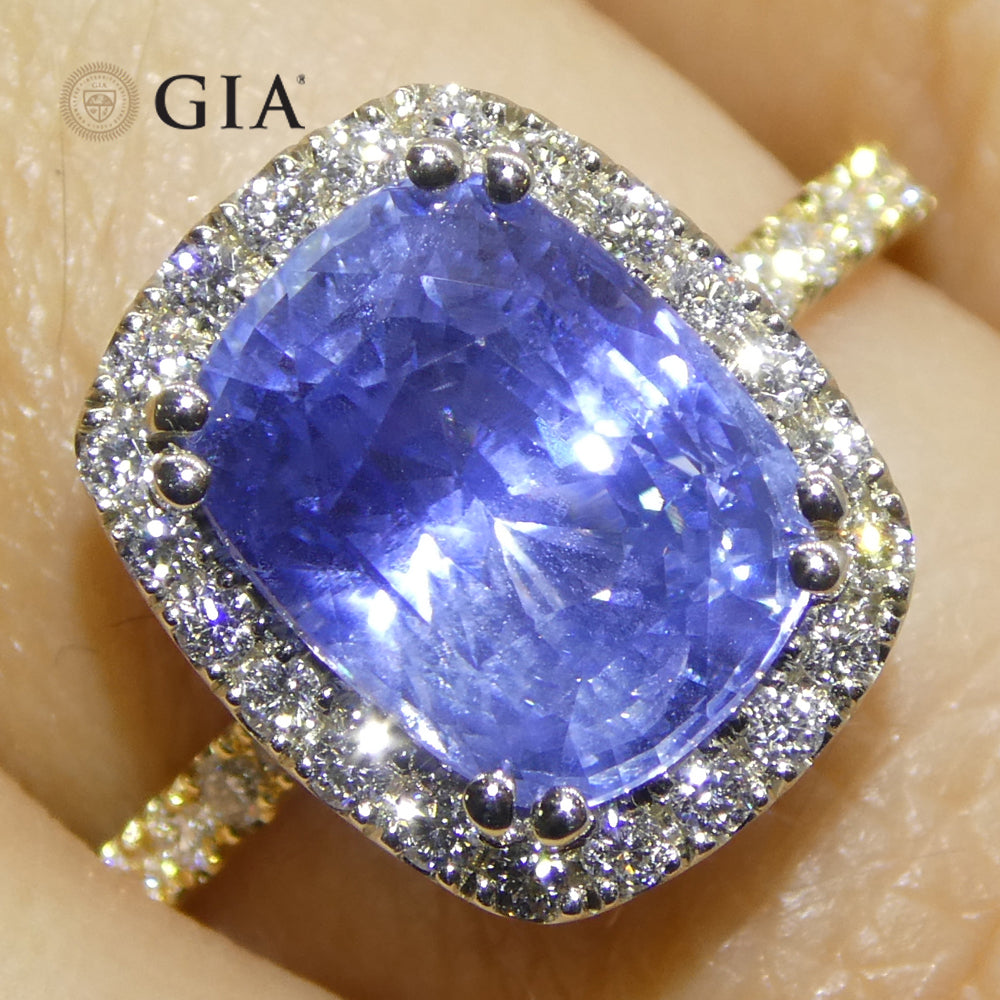4.35ct Cushion Blue Sapphire, Diamond Ring set in 18k White and Yellow Gold, GIA Certified Unheated, Sri Lanka - Skyjems Wholesale Gemstones