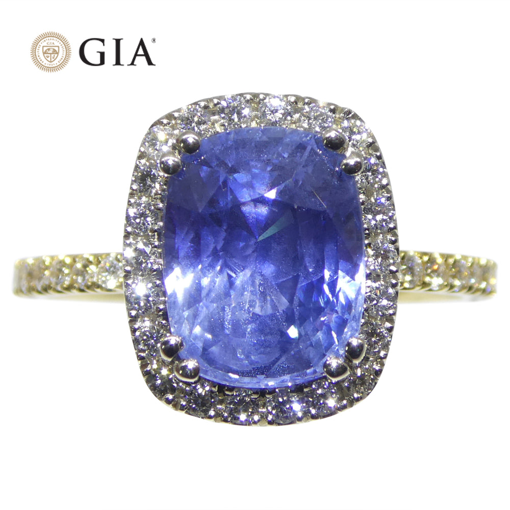 4.35ct Cushion Blue Sapphire, Diamond Ring set in 18k White and Yellow Gold, GIA Certified Unheated, Sri Lanka - Skyjems Wholesale Gemstones