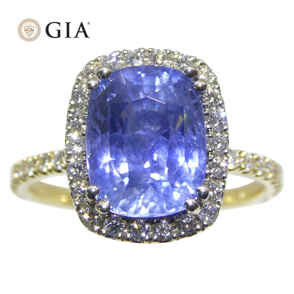 4.35ct Cushion Blue Sapphire, Diamond Ring set in 18k White and Yellow Gold, GIA Certified Unheated, Sri Lanka - Skyjems Wholesale Gemstones