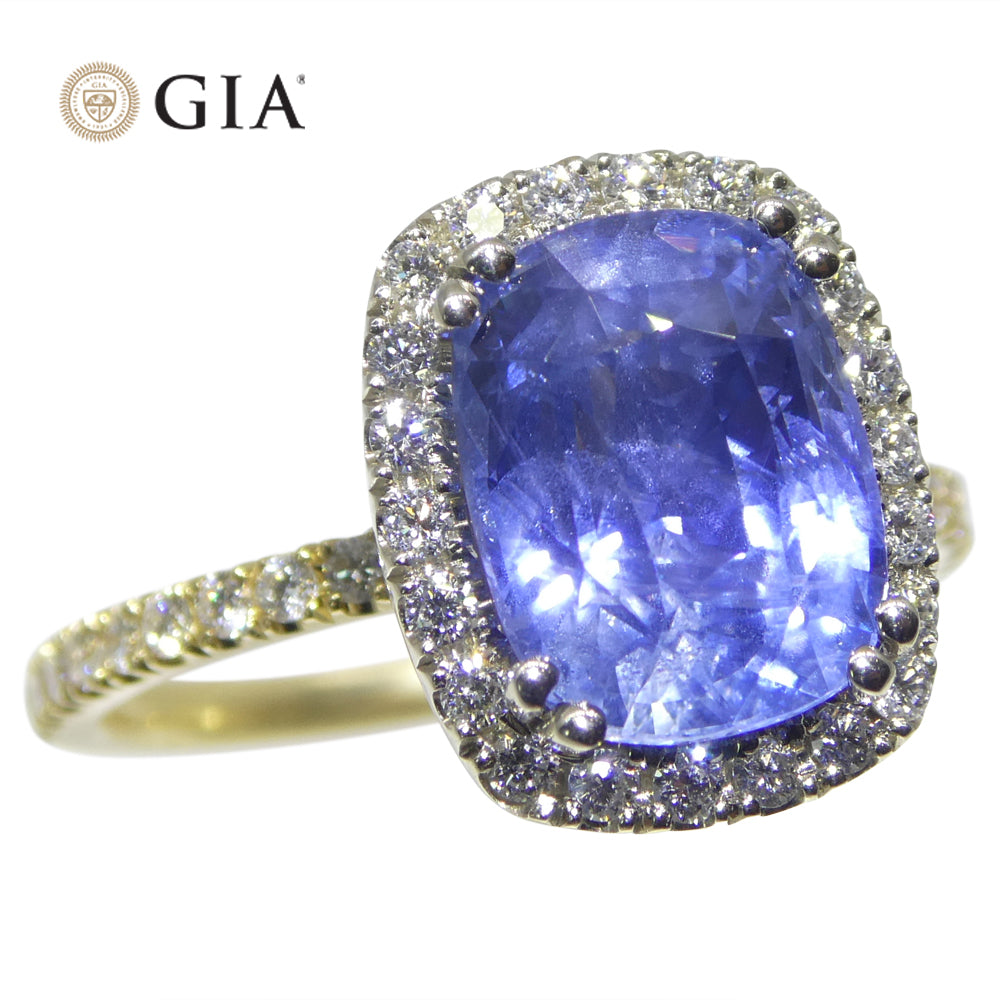 4.35ct Cushion Blue Sapphire, Diamond Ring set in 18k White and Yellow Gold, GIA Certified Unheated, Sri Lanka - Skyjems Wholesale Gemstones