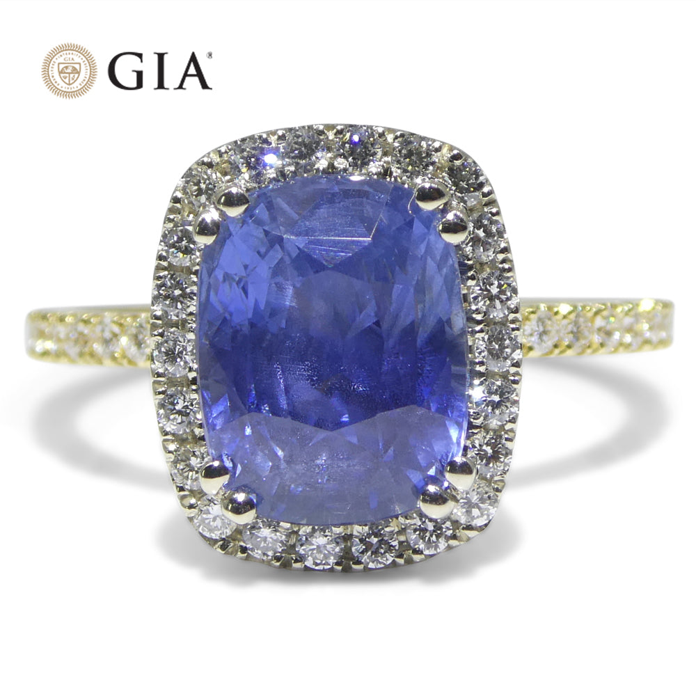 4.35ct Cushion Blue Sapphire, Diamond Ring set in 18k White and Yellow Gold, GIA Certified Unheated, Sri Lanka - Skyjems Wholesale Gemstones