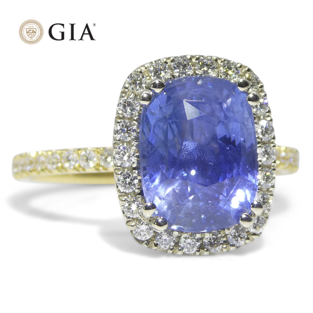 4.35ct Cushion Blue Sapphire, Diamond Ring set in 18k White and Yellow Gold, GIA Certified Unheated, Sri Lanka - Skyjems Wholesale Gemstones