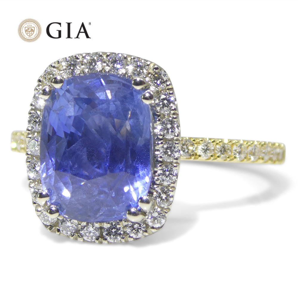 4.35ct Cushion Blue Sapphire, Diamond Ring set in 18k White and Yellow Gold, GIA Certified Unheated, Sri Lanka - Skyjems Wholesale Gemstones