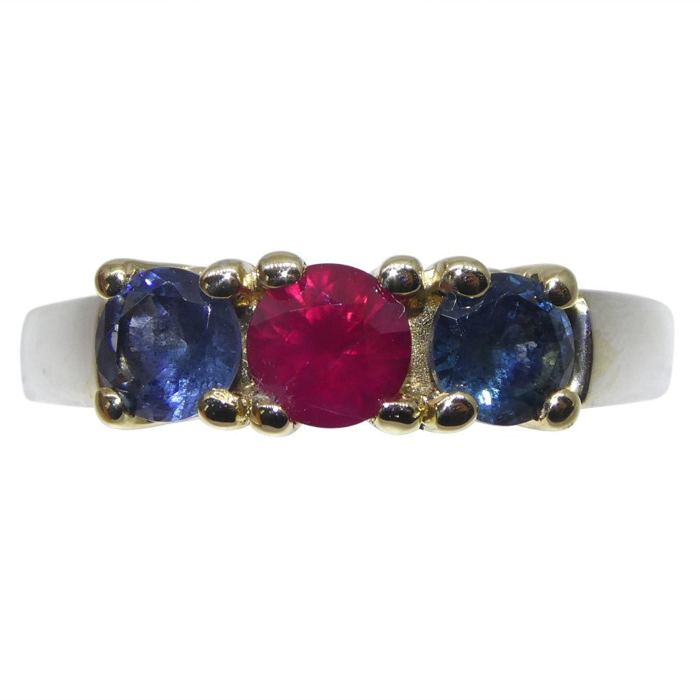 0.37ct Round Red Ruby, Blue Spinel Three Stone Engagement Ring set in 14k White and Yellow Gold - Skyjems Wholesale Gemstones