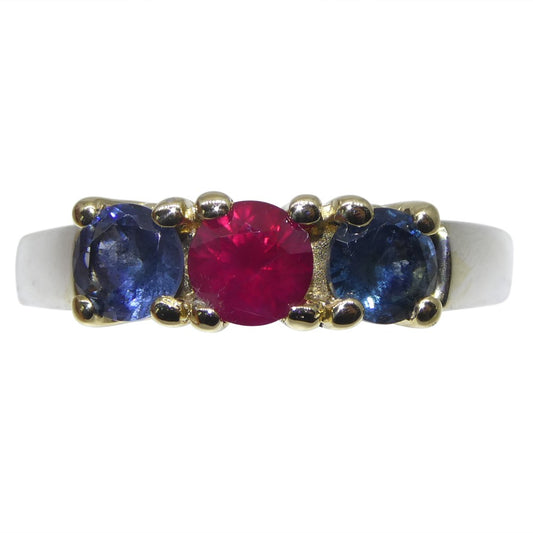 0.37ct Round Red Ruby, Blue Spinel Three Stone Engagement Ring set in 14k White and Yellow Gold - Skyjems Wholesale Gemstones
