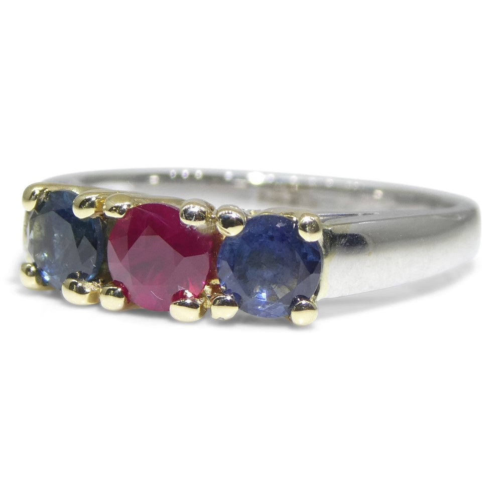 0.37ct Round Red Ruby, Blue Spinel Three Stone Engagement Ring set in 14k White and Yellow Gold - Skyjems Wholesale Gemstones